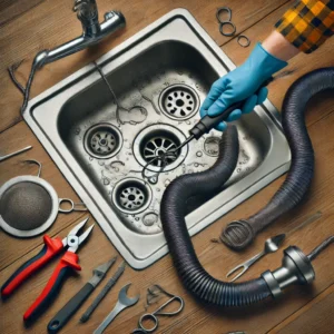 A person using a drain snake to clean a kitchen sink drain