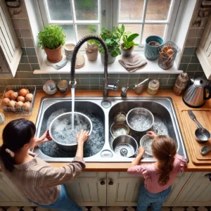 Double bowl sink in family kitchen