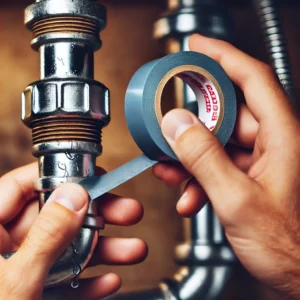 Hand applying plumber's tape to a leaking kitchen sink pipe