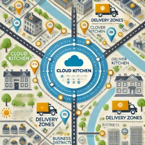 Map showing an ideal location for a cloud kitchen with delivery zones.