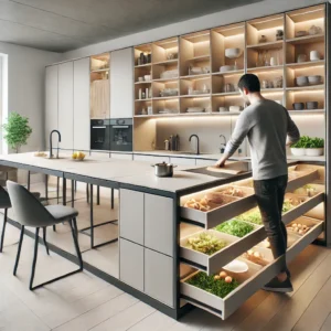 Person using multi-functional furniture in a kitchen, including an island with built-in storage shelves and a dining table that doubles as a prep area